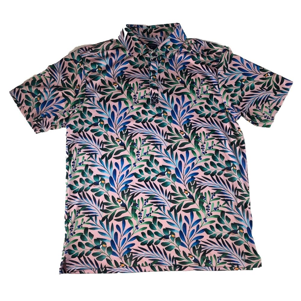 CON.STRUCT Men’s Tropical Toucan Bird Print Performance Golf Polo Shirt Medium